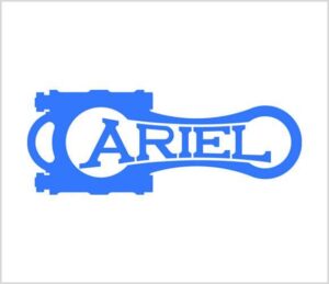 Blue Ariel logo featuring stylized, bold text inside a shape resembling a motorcycle connecting rod and piston, evoking the precision of Ariel compressor parts, set against a white background.