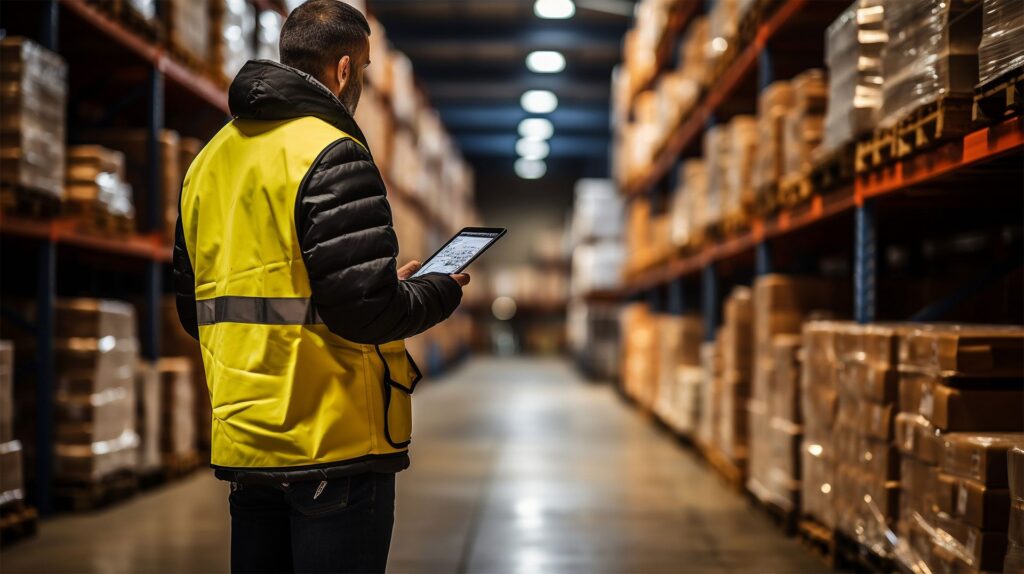 A person in a yellow safety vest uses a tablet while standing in a warehouse aisle lined with tall shelves stacked with boxes and packages.